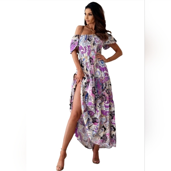 Retro Paisley Floral Smocked Bodice Tiered Colorful Summer Boho Maxi Dress - Picture 9 of 14